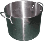 Large stainless steel stockpot with two handles.