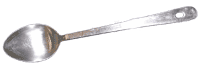 A metal spoon with a slightly curved handle and a hole at the end, isolated on a white background.