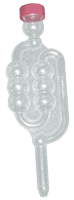 A clear plastic airlock with a red cap, used in brewing or fermenting, showing its U-shaped chamber design.