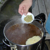 Person adding green hops from a small bowl into a steaming pot of dark liquid outdoors.
