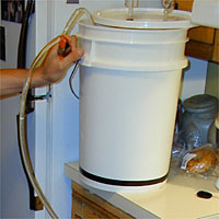 Person holding a white bucket with tubes attached, placed on a kitchen counter near a loaf of bread.
