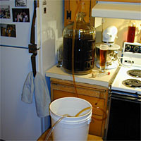Glass carboy on kitchen counter with brown liquid siphoning into white bucket on floor. Kitchen appliances visible.