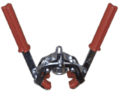 Manual bottle capper with red handles in an open position.