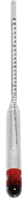 Glass hydrometer with a graded stem and a weighted red bulb at the bottom.