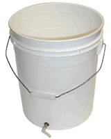 White plastic bucket with a metal handle and a spout at the bottom.